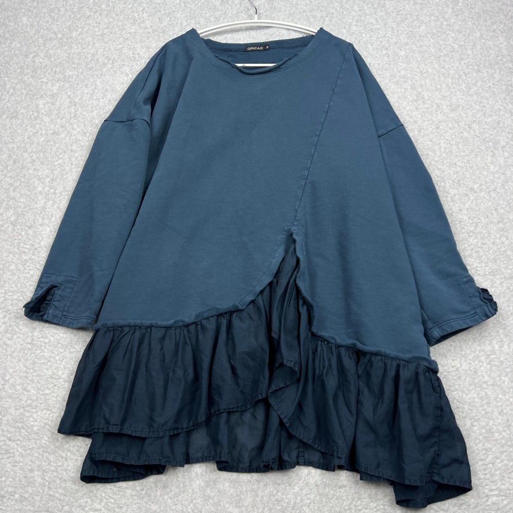 Grizas Azure French-Terry Cotton Top Women's Small Blue Asym Ruffled Hem Boho